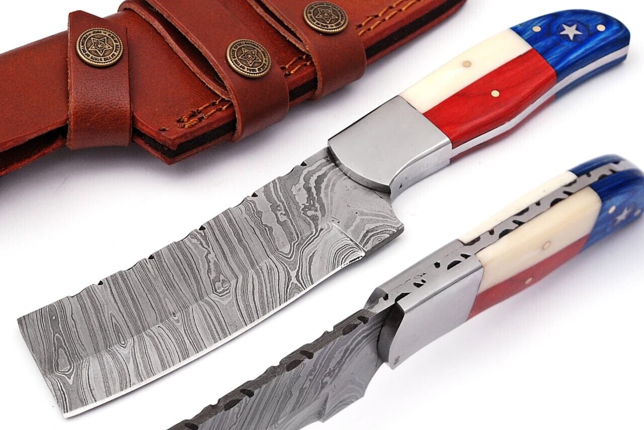 9'' Texas Flag Custom Handmade Damascus Blade Hunting Knife; 5926