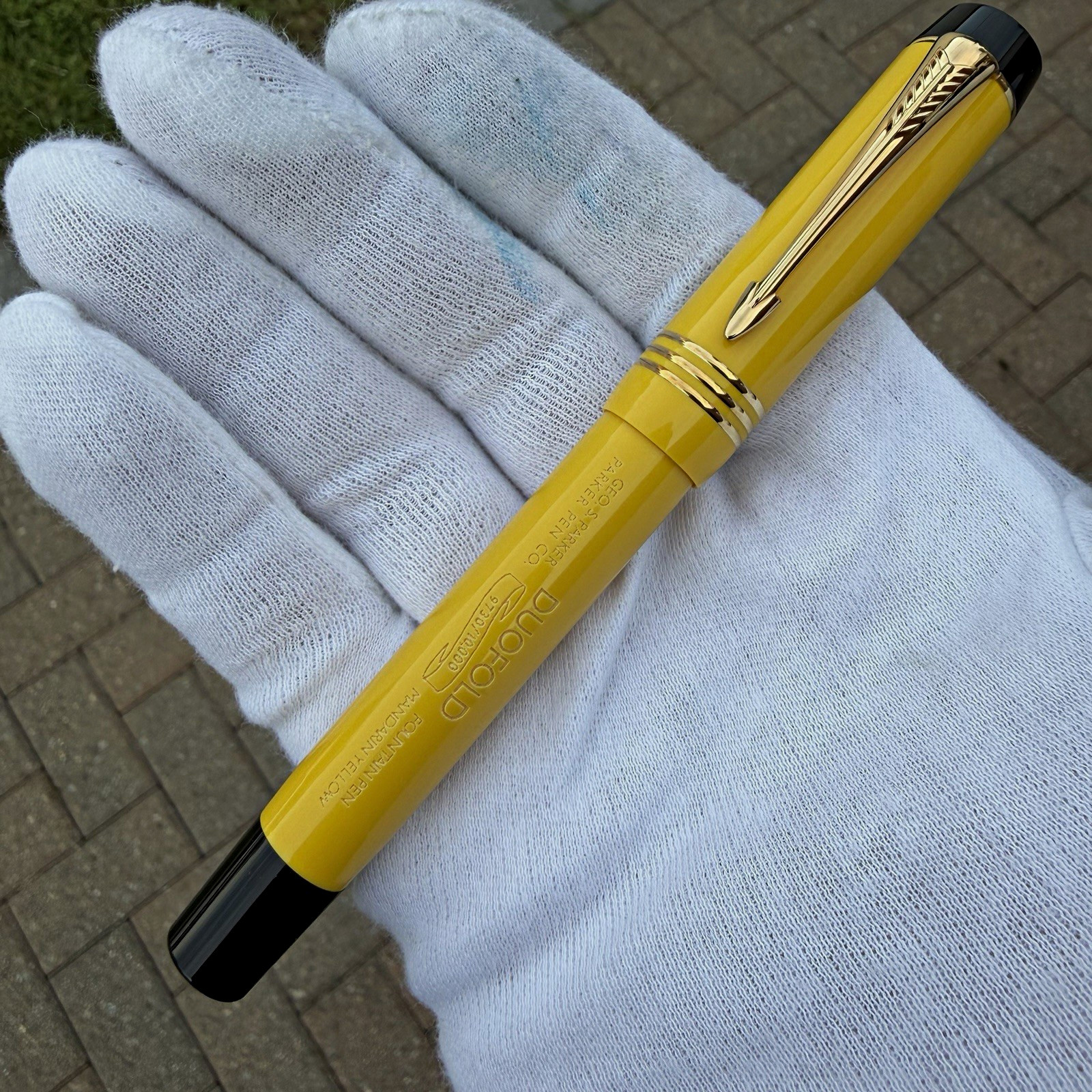 Parker Duofold Mandarin Yellow Fountain Pen, 18k M nib, new w/box & papers Parker Duofold Mandarin Yellow Fountain Pen, 18k M nib, new w/box & papers