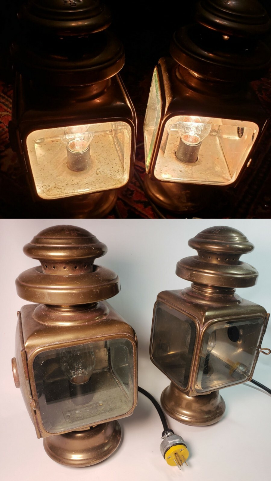 Antique automobile kerosene cowl lamps, square side lamps RH LH PAIR converted 