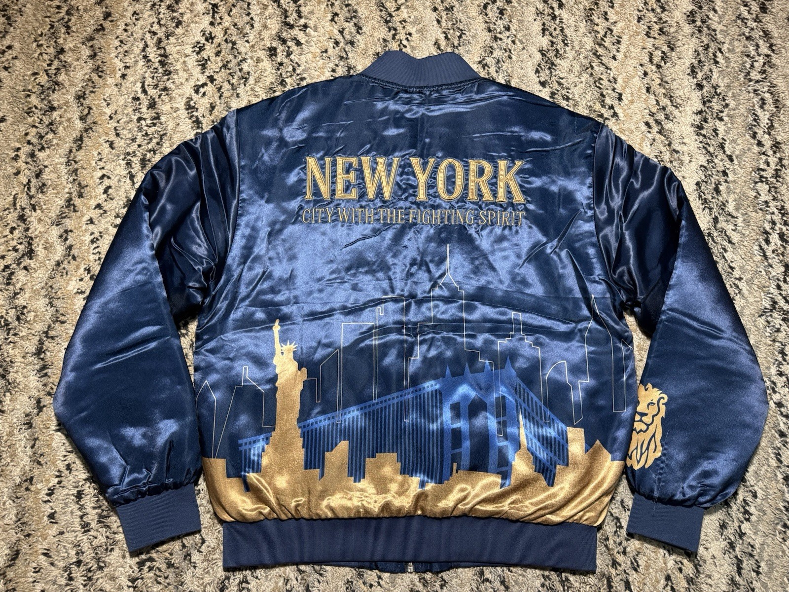 Modelo NYC Satin Bomber Jacket Blue Gold Skyline Statue of Liberty RARE SAMPLE