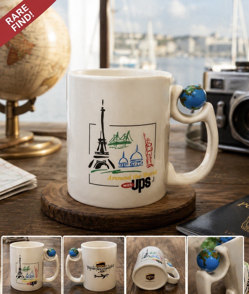 Vintage rare UPS Around the World Coffee Mug with Spinning Globe Handle Made USA