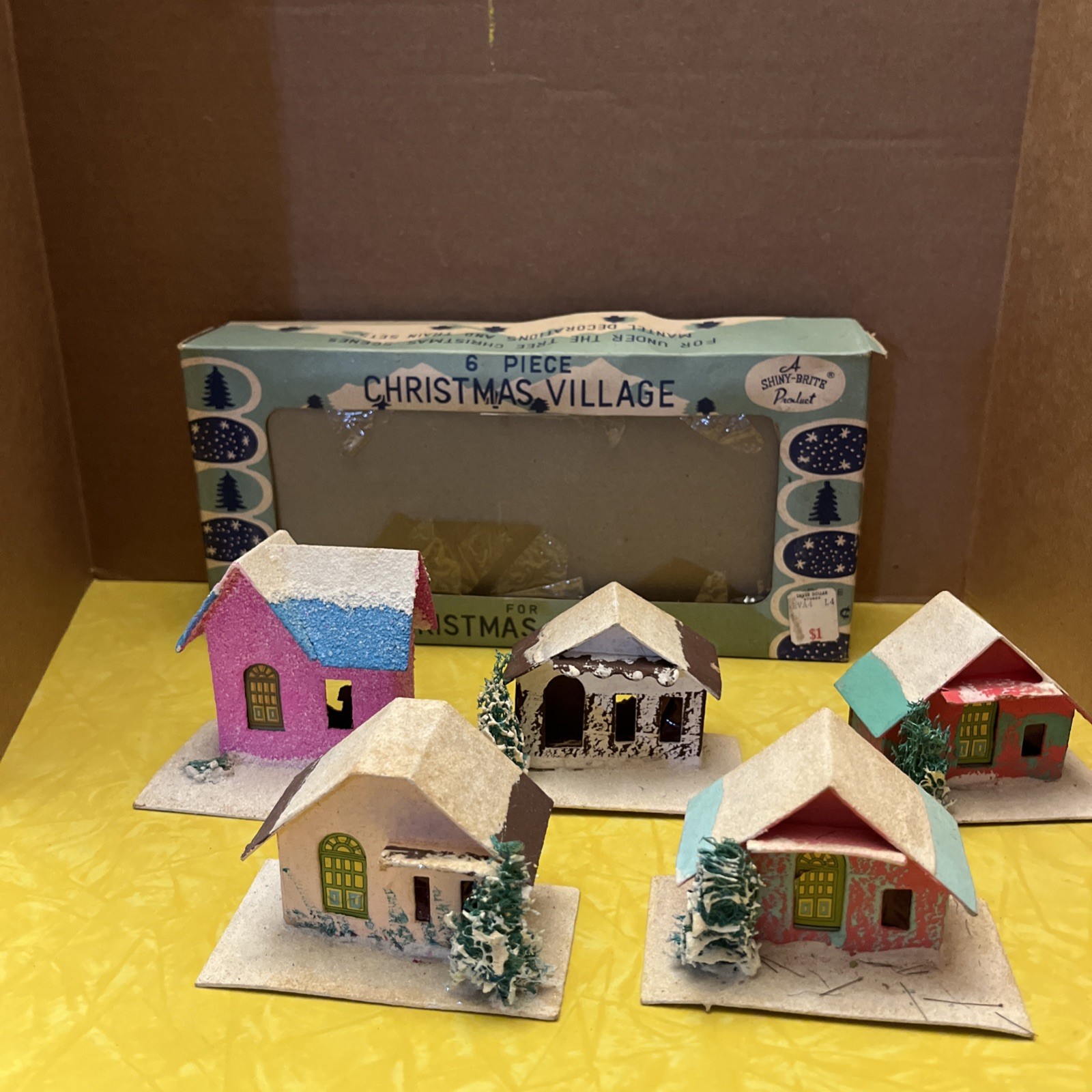 Vintage Putz Christmas Cardboard Houses Lot Of 5 And Box Japan Vintage Putz Christmas Cardboard Houses Lot Of 5 And Box Japan