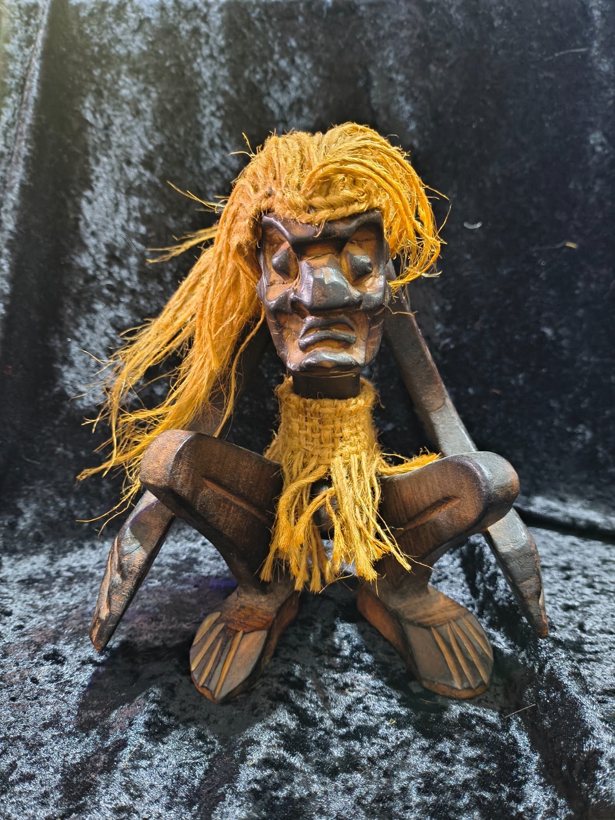 Vintage African Handmade Carved Wood Tribal Figurine. Twine Hair. 8 1/2\