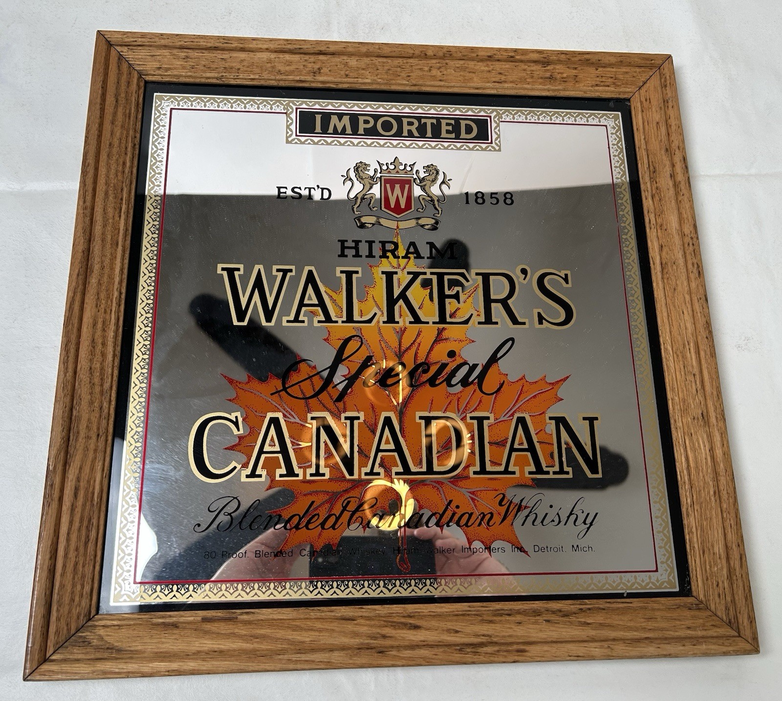 VTG Hiram Walker\'s Special Canadian Whiskey Wood Framed Bar Mirror 16\