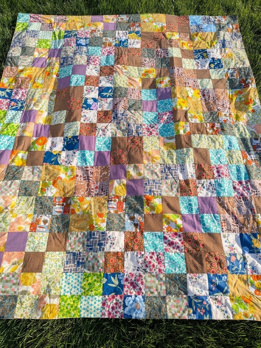 Vintage 1970s Scrap Patchwork Quilt Blanket Queen/Full Machine Tacked Retro Boho