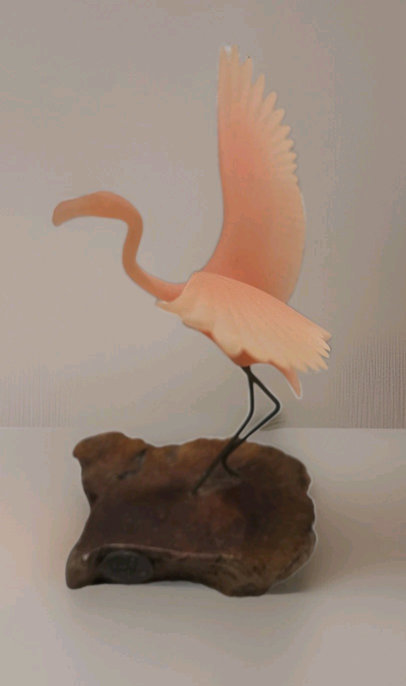 John Perry Vintage Pink Flamingo Sculpture Burl Wood Base Art