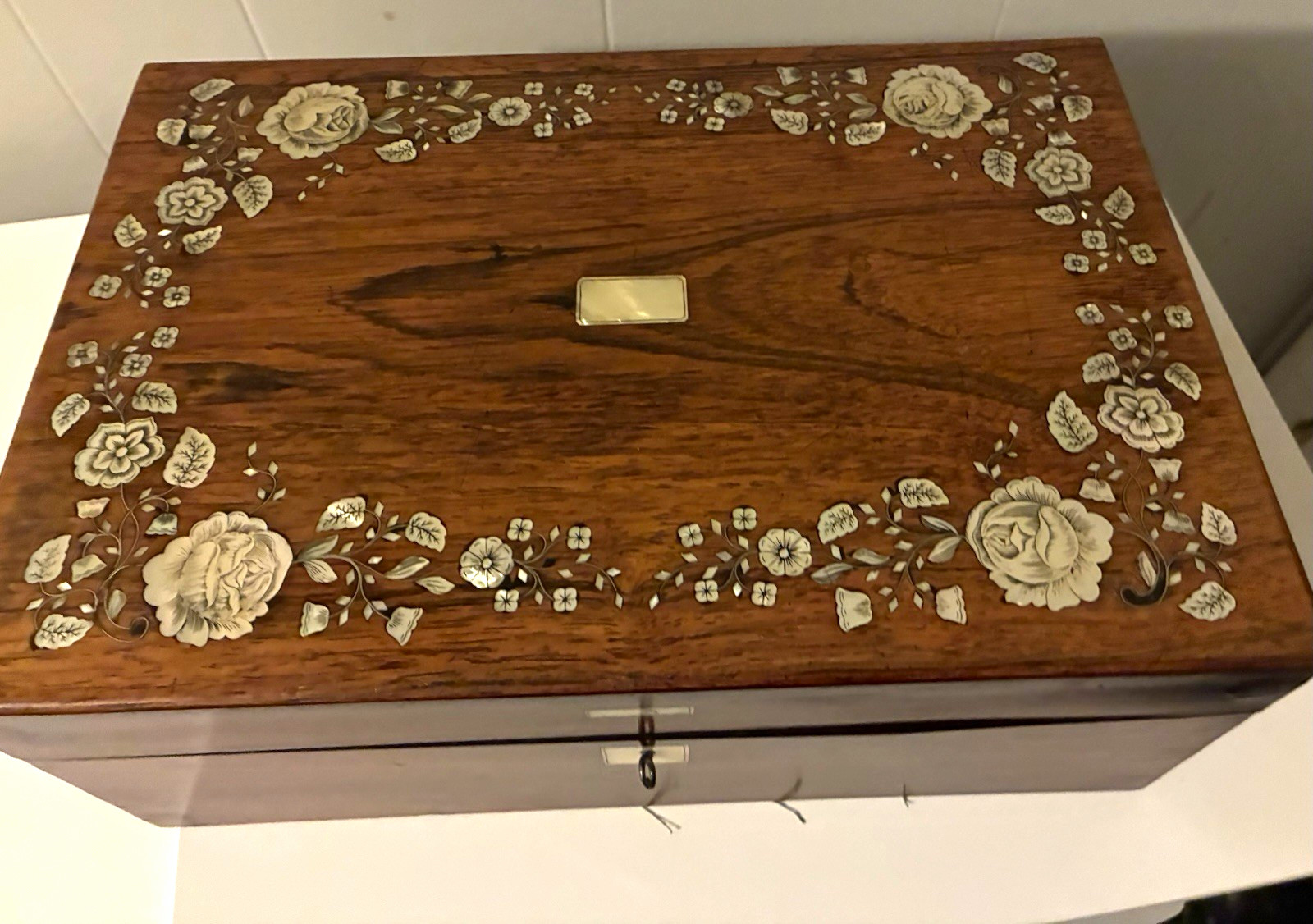Antique 19th C. Victorian Rosewood Lap Desk, Mother of pearl-ink bottle/key