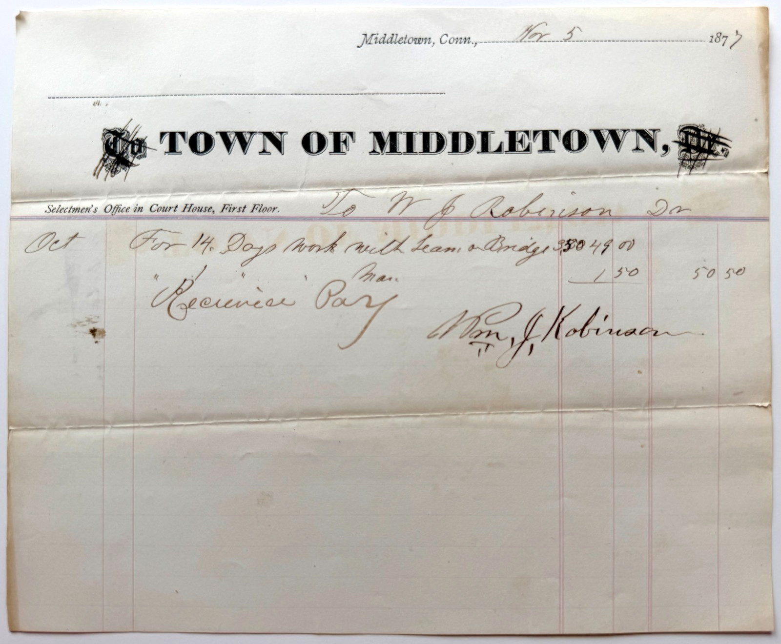 1877 Town of Middletown CT Selectmen Office Labor Bridge Work Receipt Victorian