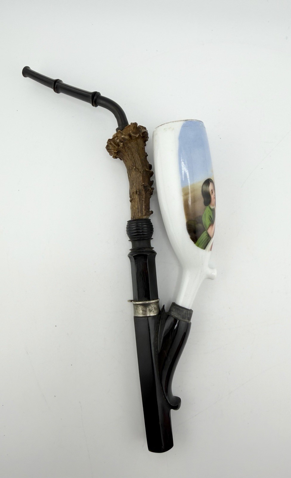 Antique 19th C German Porcelain Tobacco Pipe Hand Painted Figural Bavarian