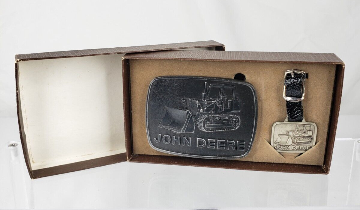 Vintage 1978 John Deere Belt Buckle Pewter Bulldozer and Watch Fob Set in Box