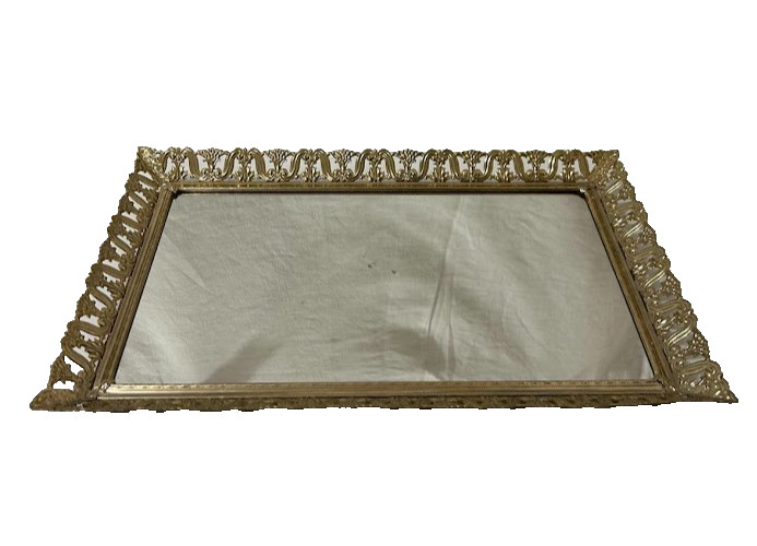 VTG Rectangle Mirror Vanity Tray Ornate Display Goldplated Filigree Border 15x9