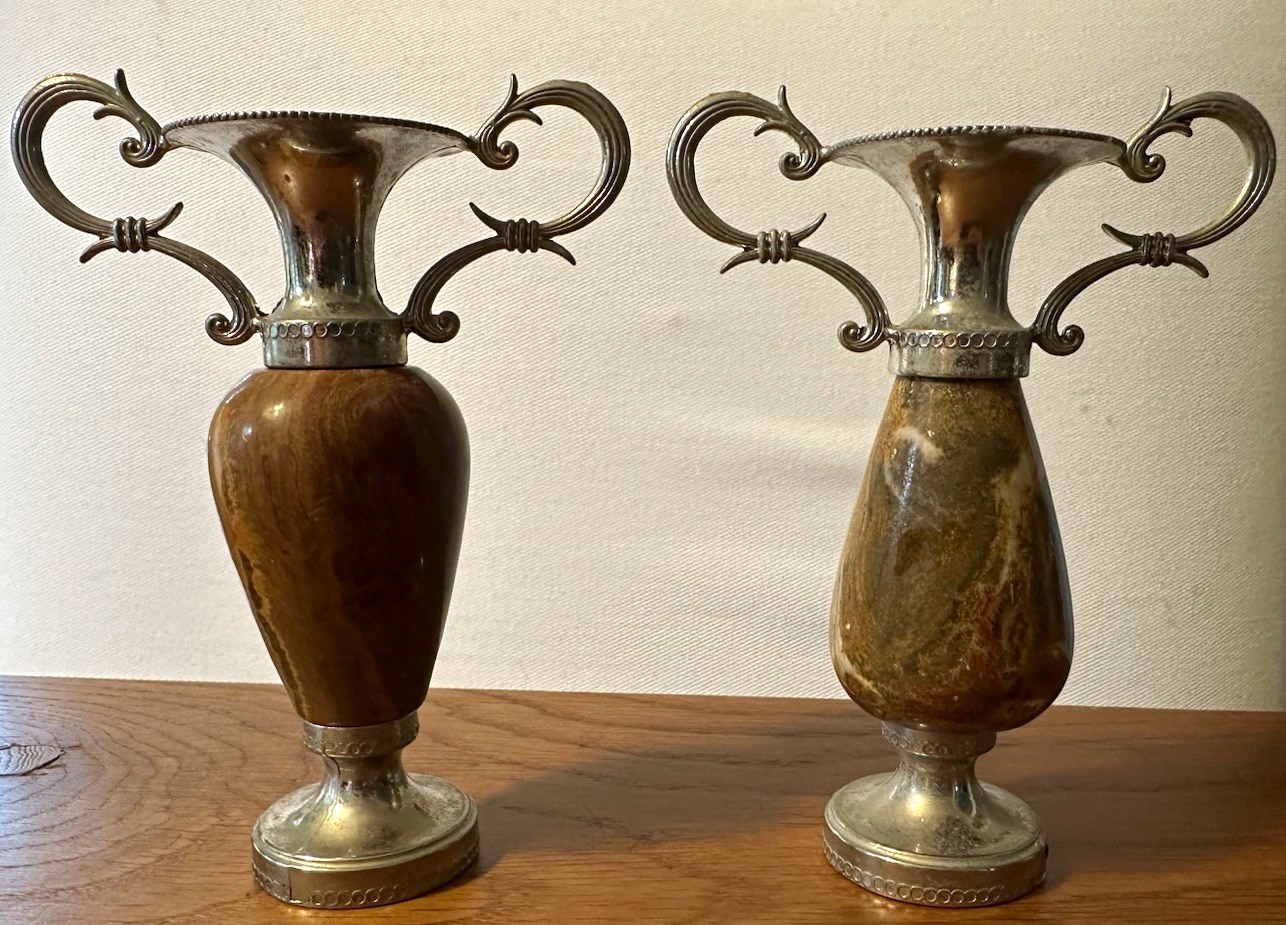 Pair VTG  4.5 in onyx amphora Vases w/Polished silver toned Mounts