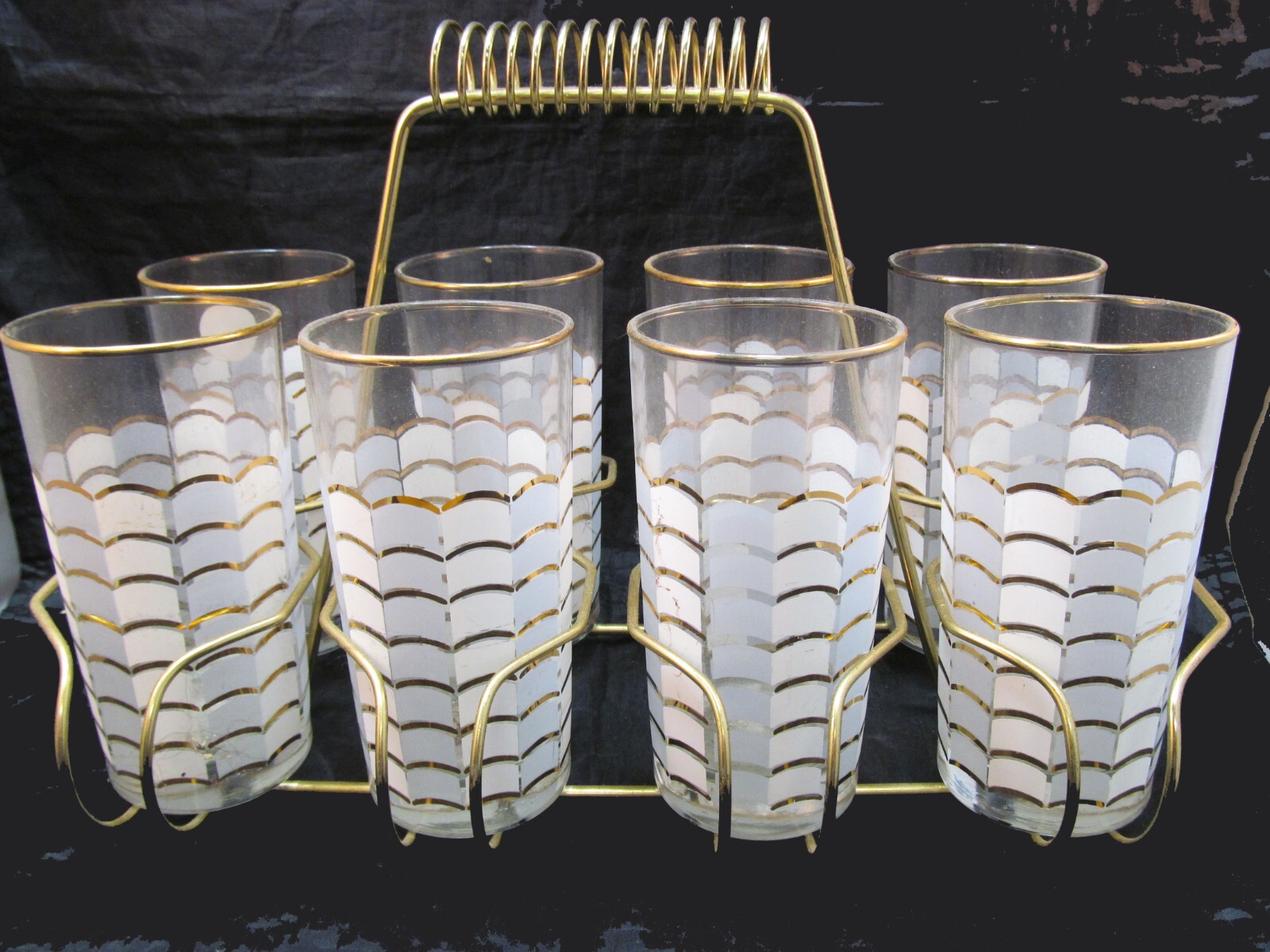 EHI VTG MCM 1960\'s HIGHBALL GLASSES GOLD RIM WAVE PAT & ORIG WIRE CARRIER RACK