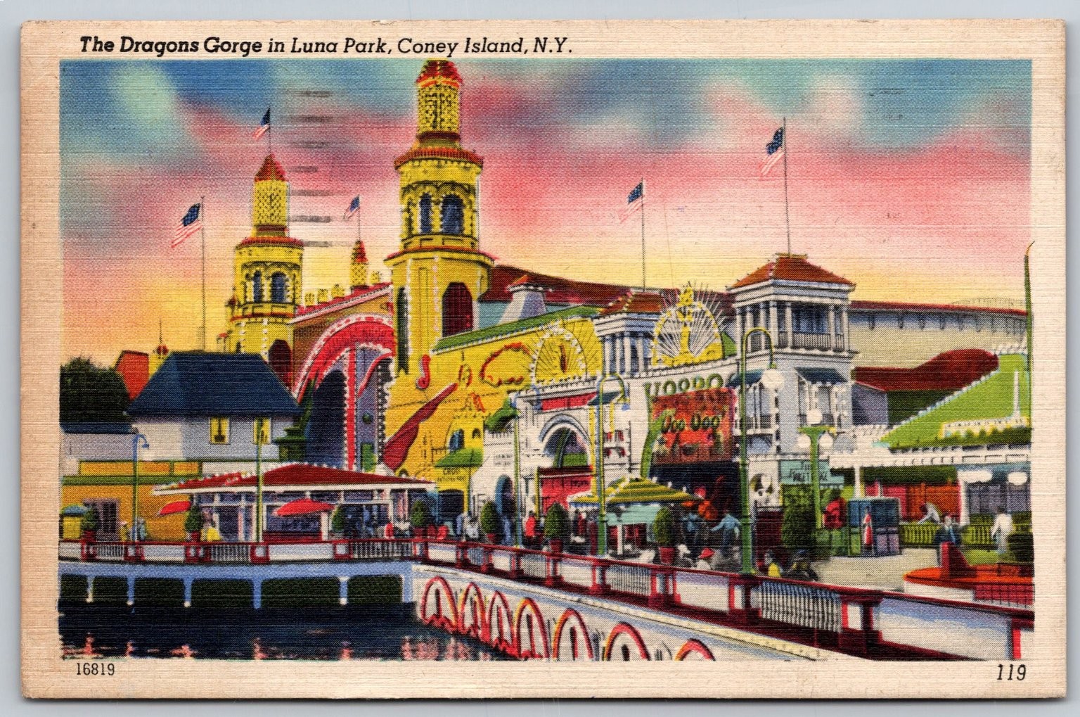 Vintage Luna Park Dragons Gorge Coney Island NY Linen Postcard 1951 C290