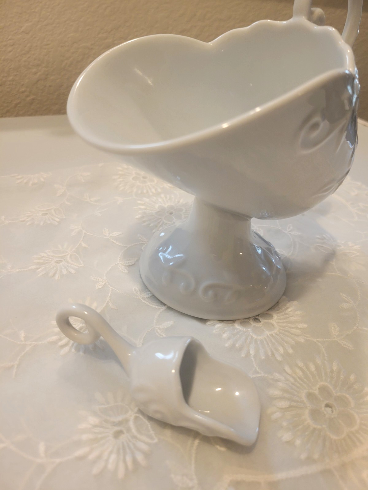 Vintage White Sugar Scuttle & Scoop with Rose Scroll Pattern **