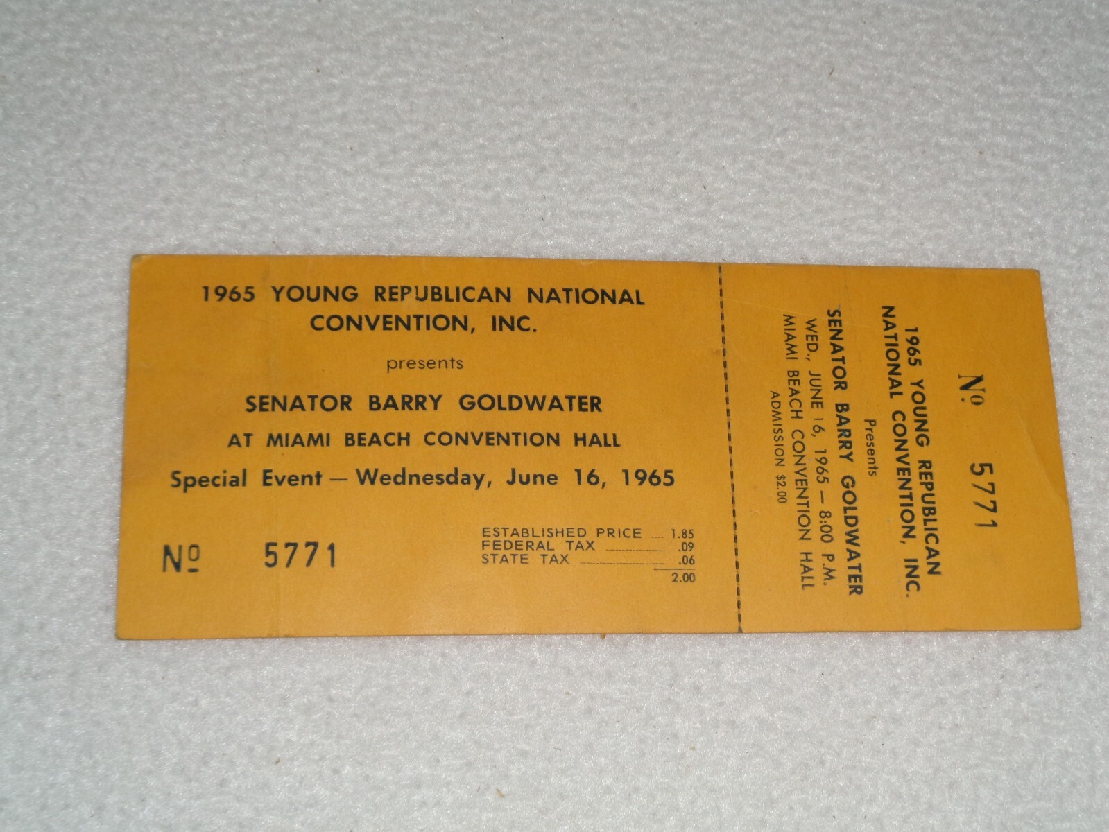 1965 Young Republican National Convention Barry Goldwater Miami Beach Ticket 1965 Young Republican National Convention Barry Goldwater Miami Beach Ticket