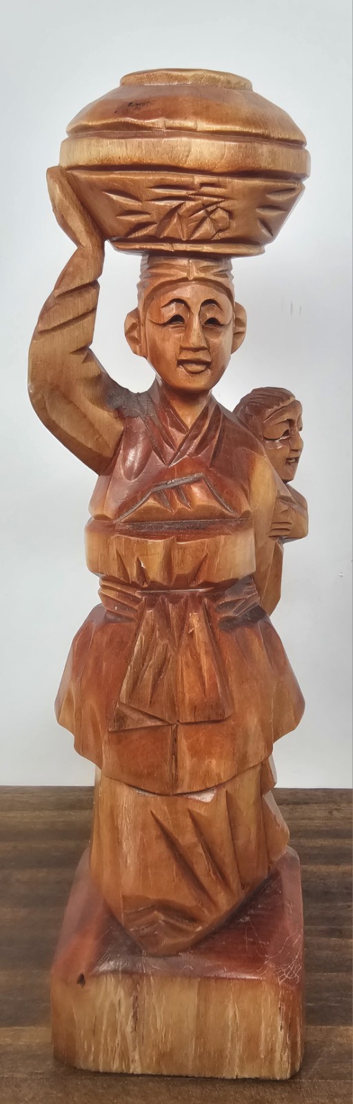 Vintage Hand Carved Wood Asian Woman Carrying Pot & Child Statue 8.5\