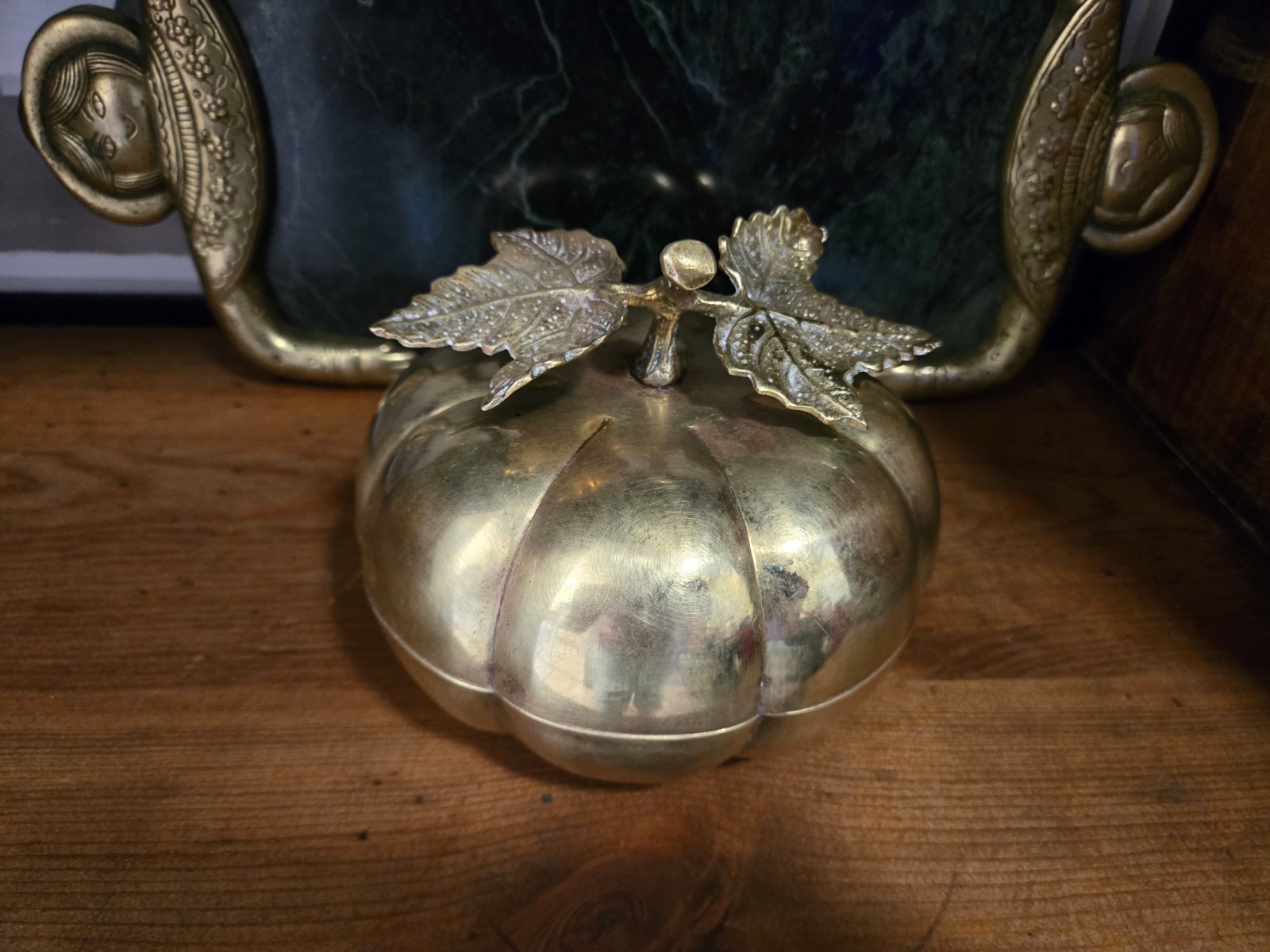 Vintage Mid-Century Brass Pumpkin Fall Autumn Decor Canister Trinket Box 6×5