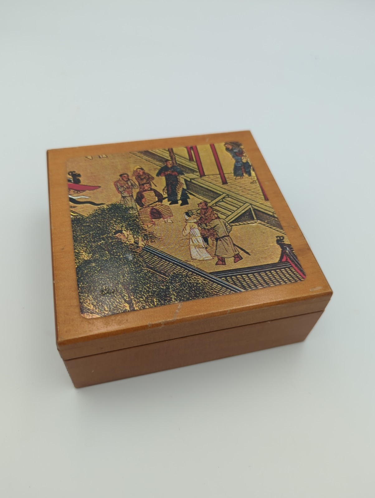 Vtg 70s 80s Chinoiserie Wooden Coasters Set Felt Backed Asian Camp Scene Boxed