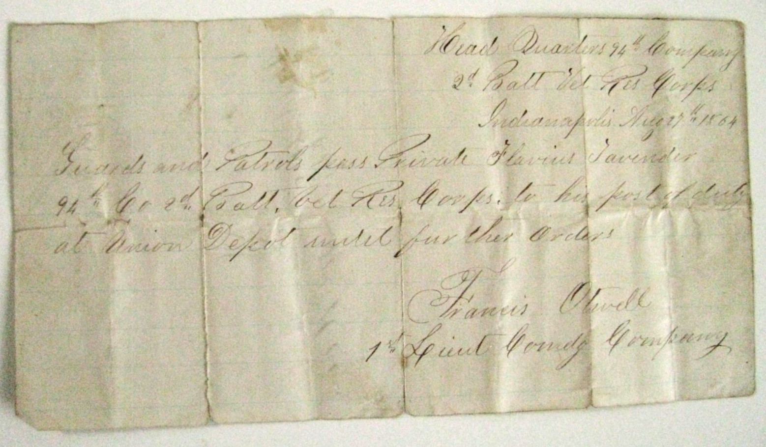 CIVIL WAR INDIANAPOLIS SOLDIER HOME UNION DEPOT PASS 94TH OHIO VRC  1864