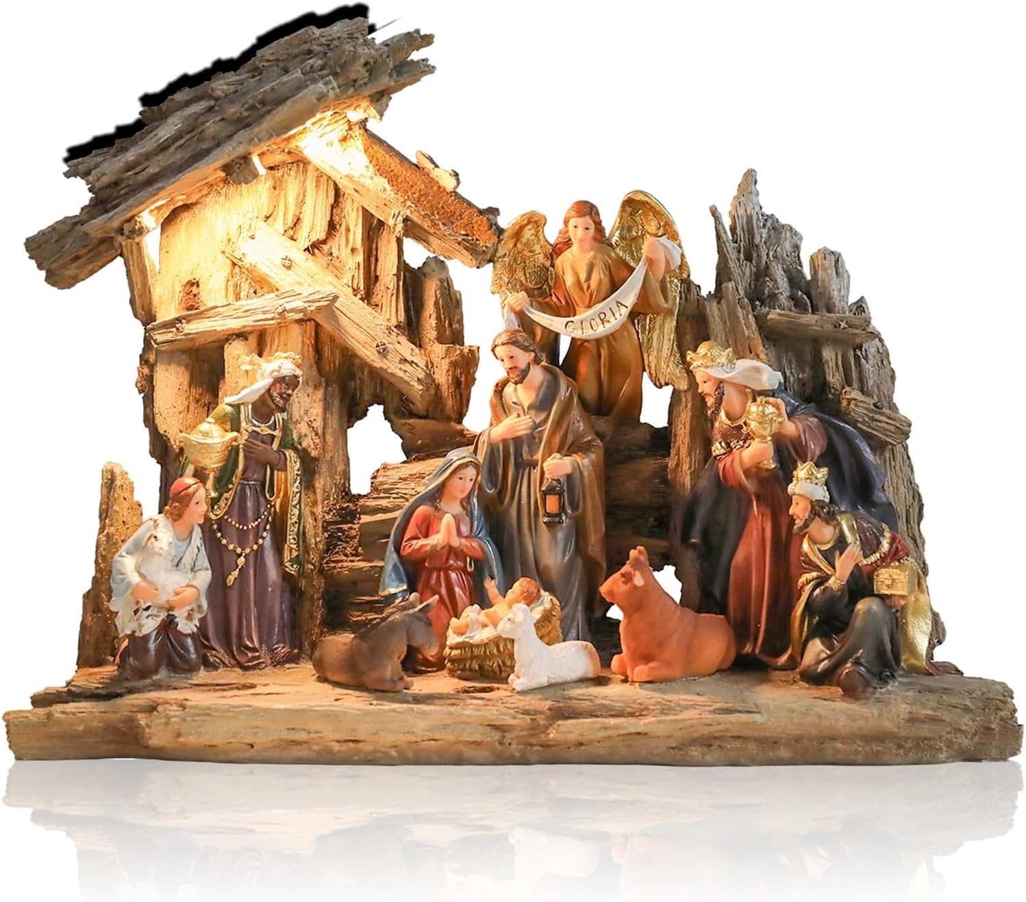 Nativity Scene Set Resin Figurines LED Light and Music 13.2 Nativity Scene Set Resin Figurines LED Light and Music 13.2
