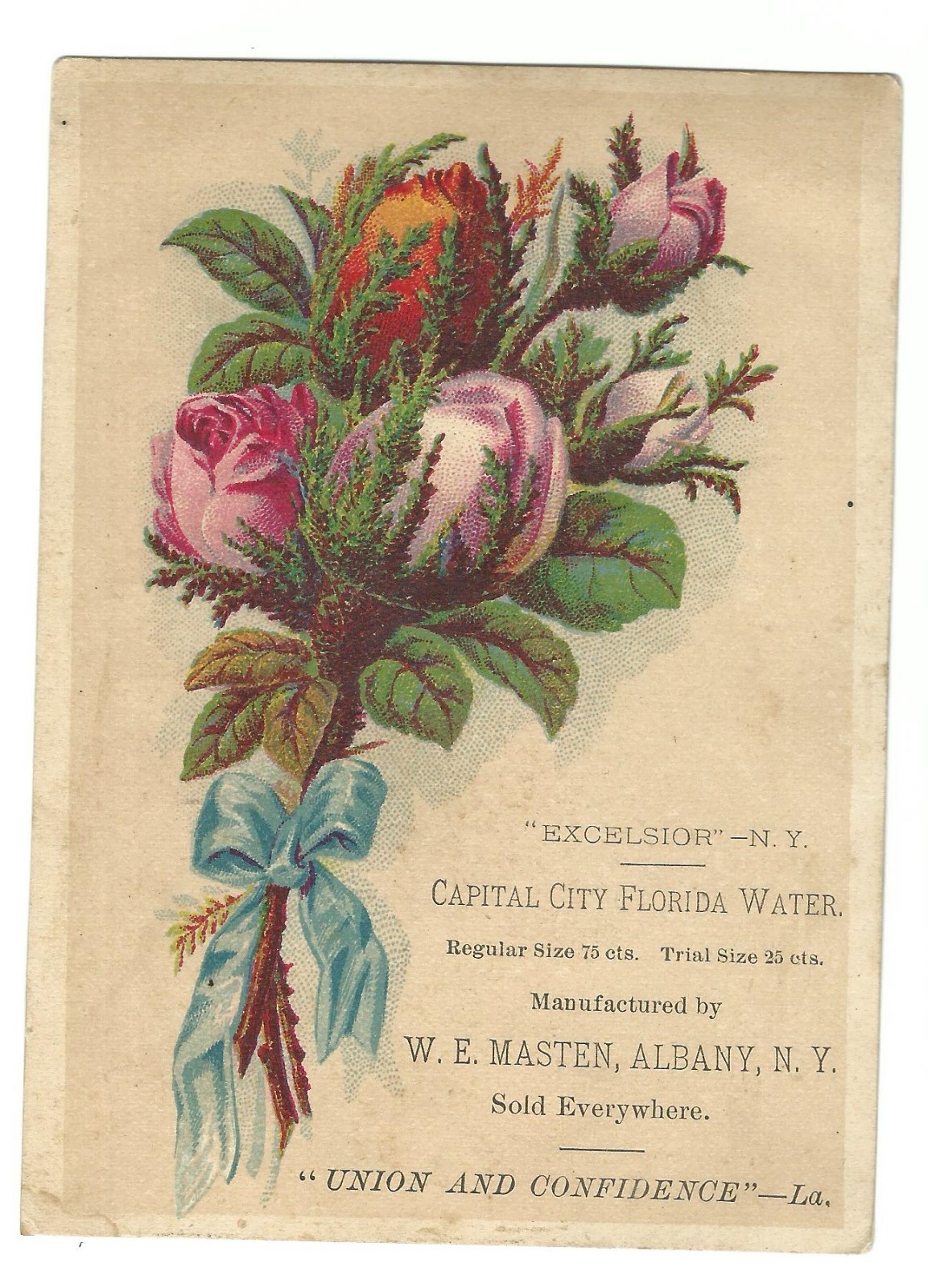 Old Trade Card Capital City Florida Water W E Masten Albany NY Excelsior Union
