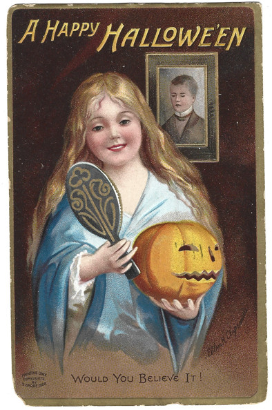 1909 Halloween Postcard Clapsaddle Woman Jack-o-Lantern Mirror Portrait Posted