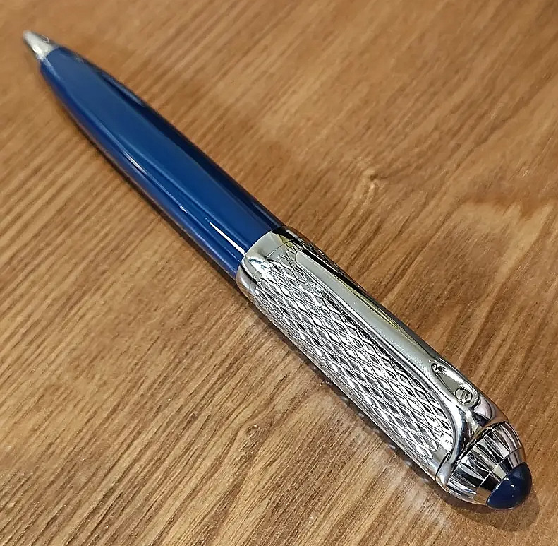 Cartier Guilloche Iced Blue Lacquer Ballpoint Pen Luxury Gift - New In Box
