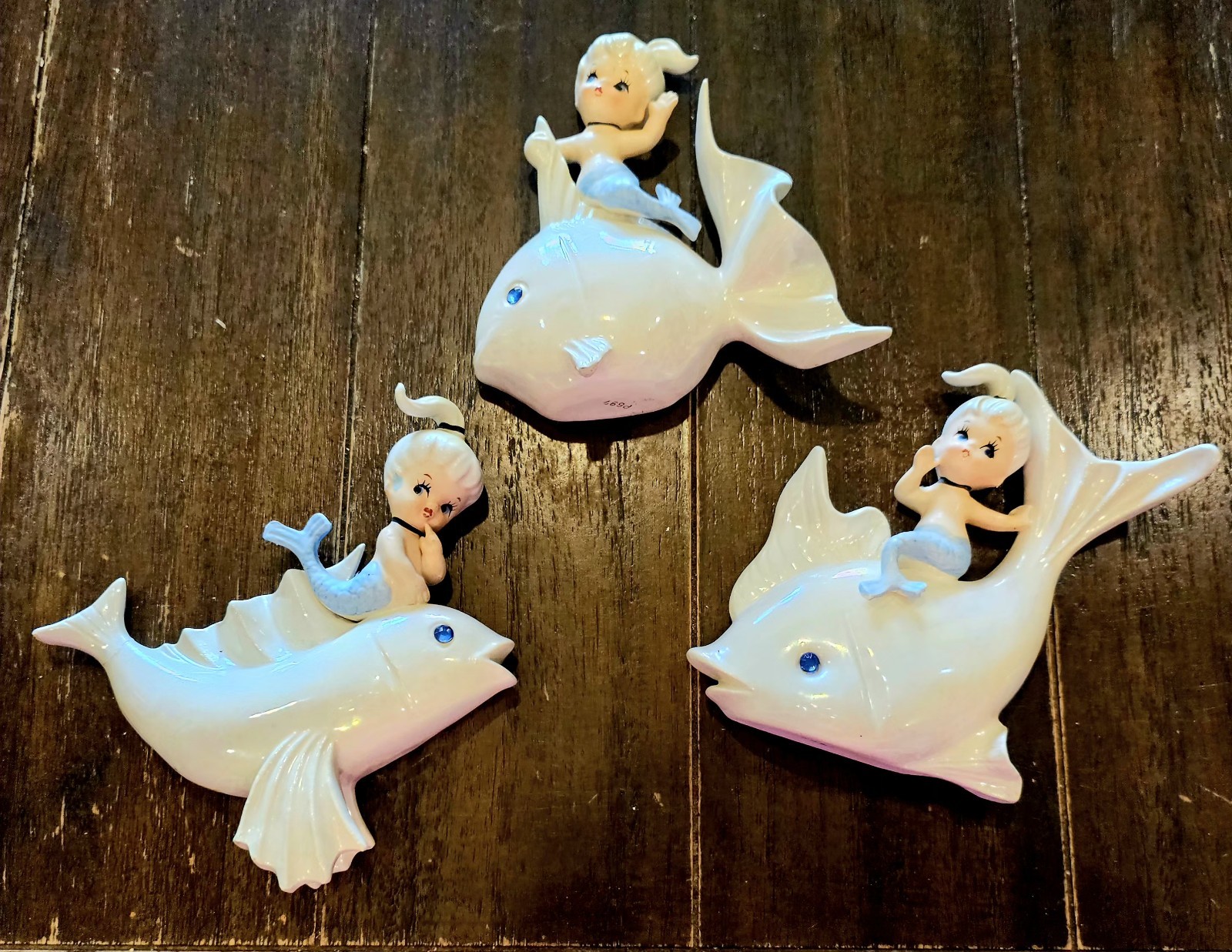 3 Vintage 1950\'s Norcrest Wall Plaques Mermaids Riding Dolphins 