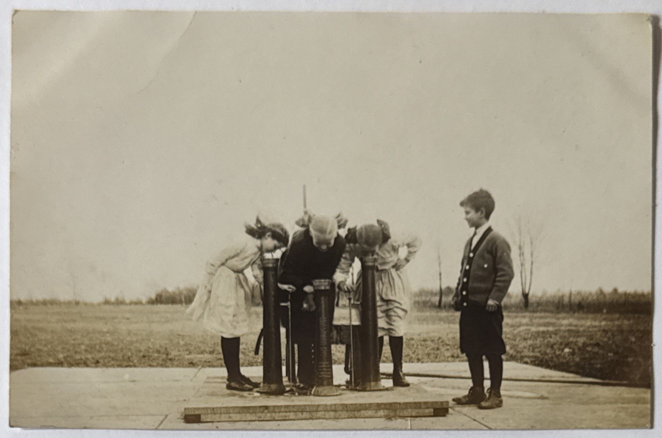 Children Boy Watching Girls Drink From Water Fountain Antique RPPC Postcard