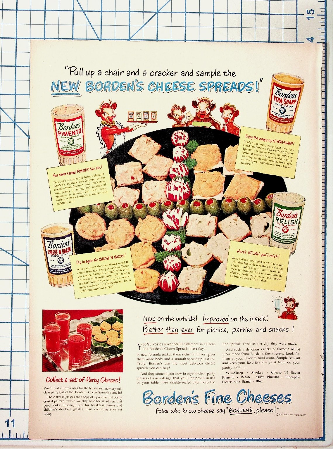 Vintage Borden\'s Cheese Spreads Ad Elsie Cow 1950s Food Advertising Ephemera Vintage Borden\'s Cheese Spreads Ad Elsie Cow 1950s Food Advertising Ephemera
