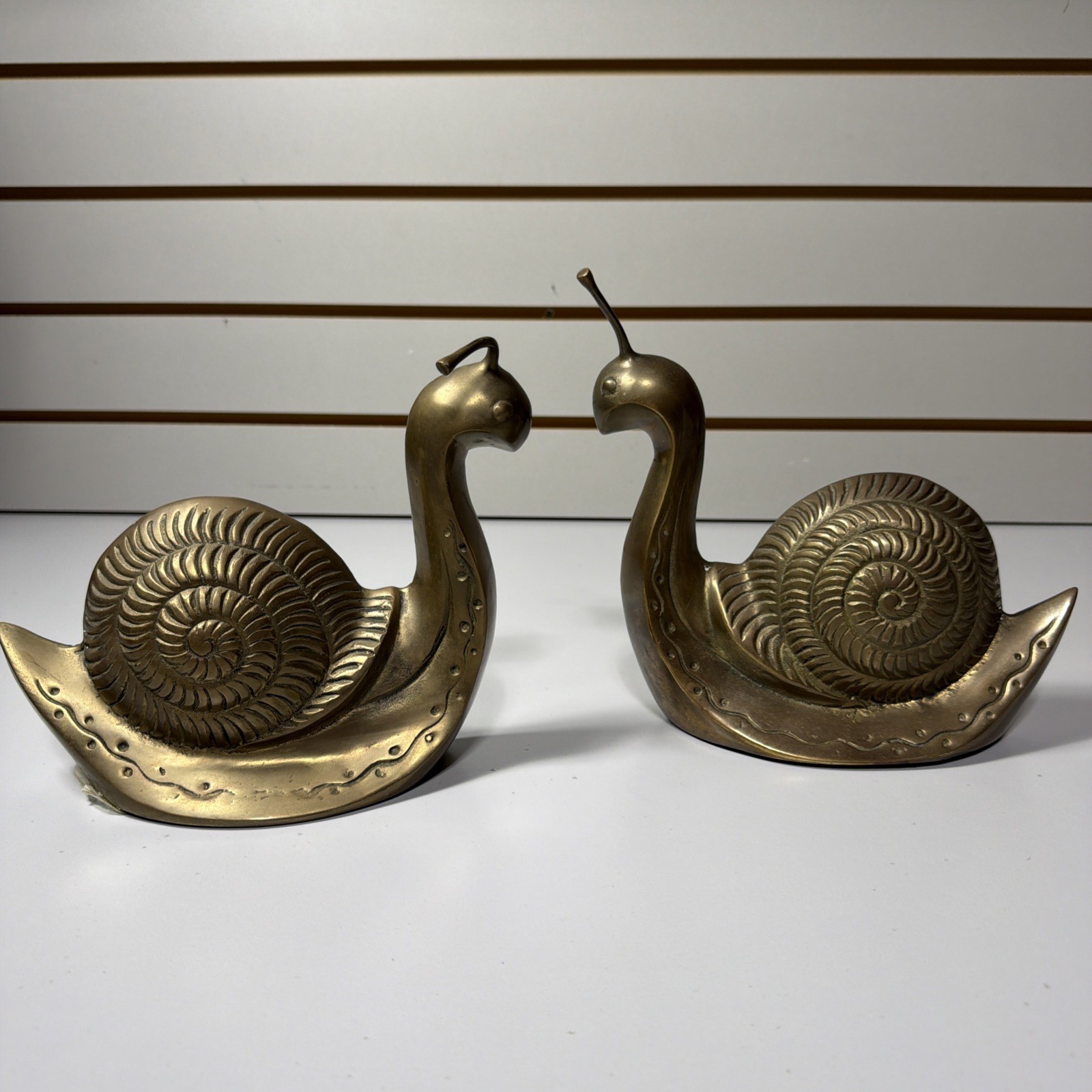 Vintage Brass Snail Sculpture Bookends Set 2 MCM Mid Century Patina Sand Filled