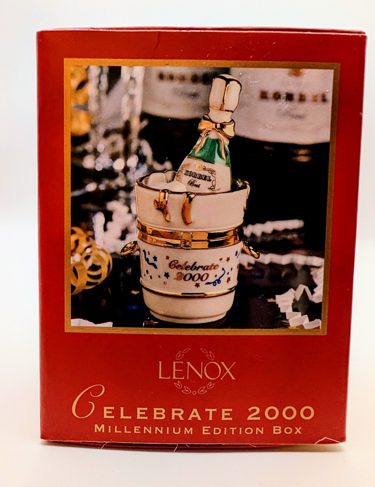 Vtg LENOX Celebrate 2000 Korbel Bottle Ornament Trinket Box With Box