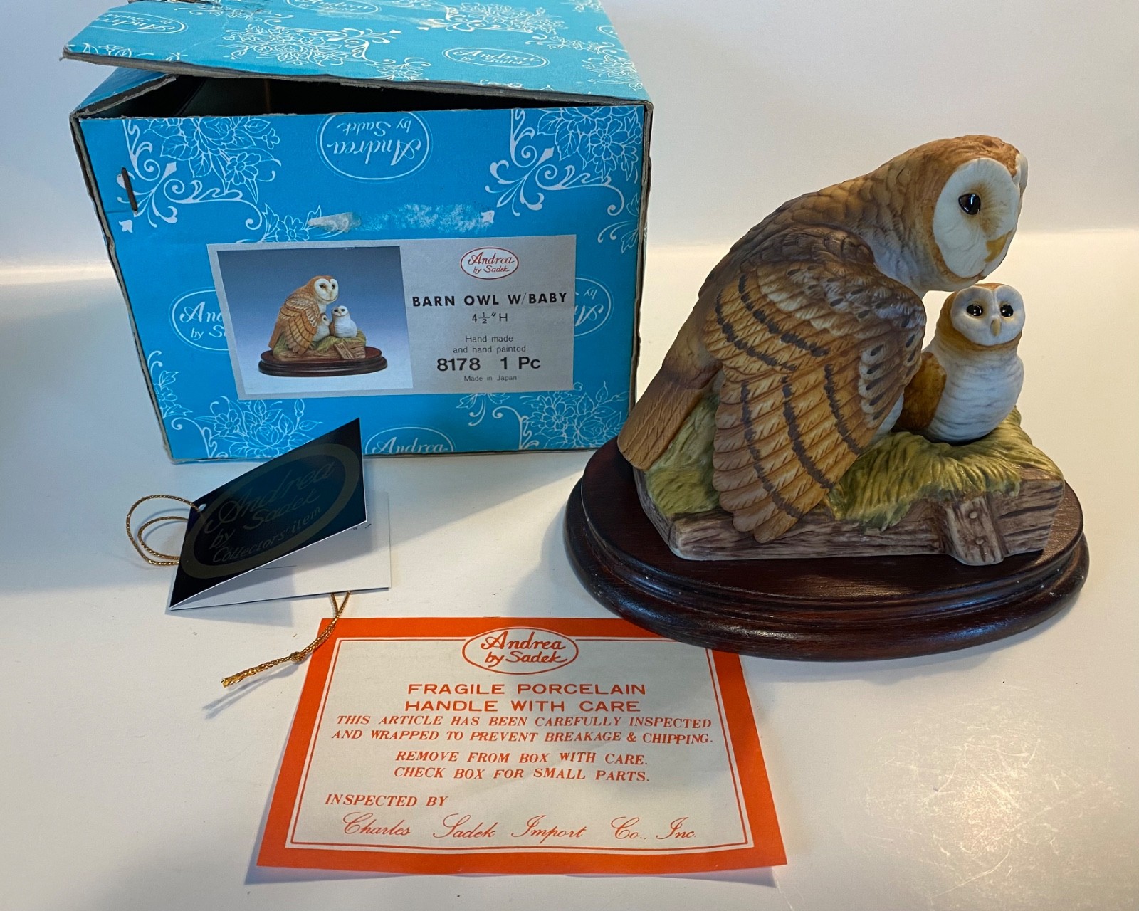 Vtg  Andrea By Sadek Barn Owl Family Figurine With Wood Base 1988 #8178 4.5” H