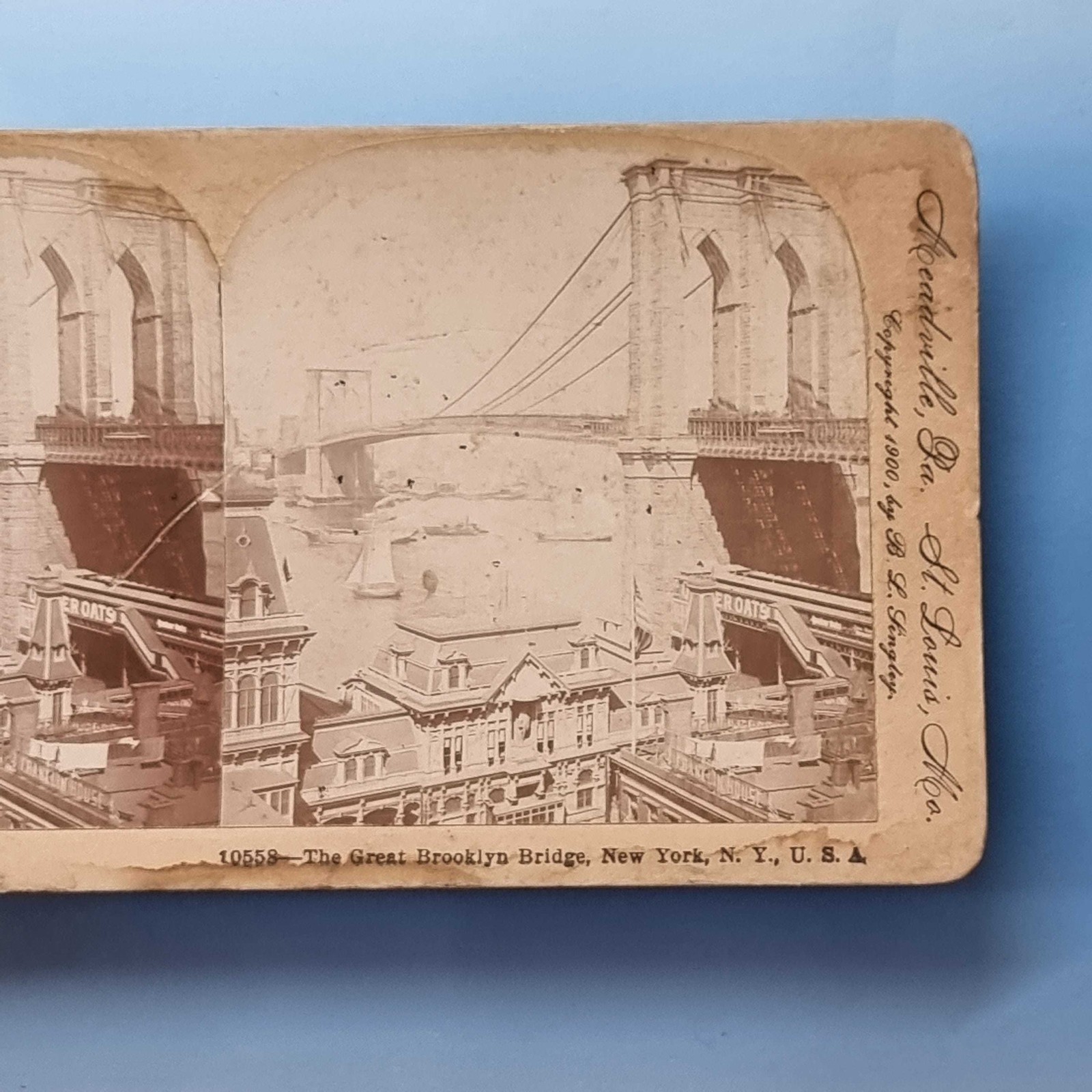 New York NY Stereoview C1895 USA Real Photo Panorama Brooklyn Bridge & Buildings