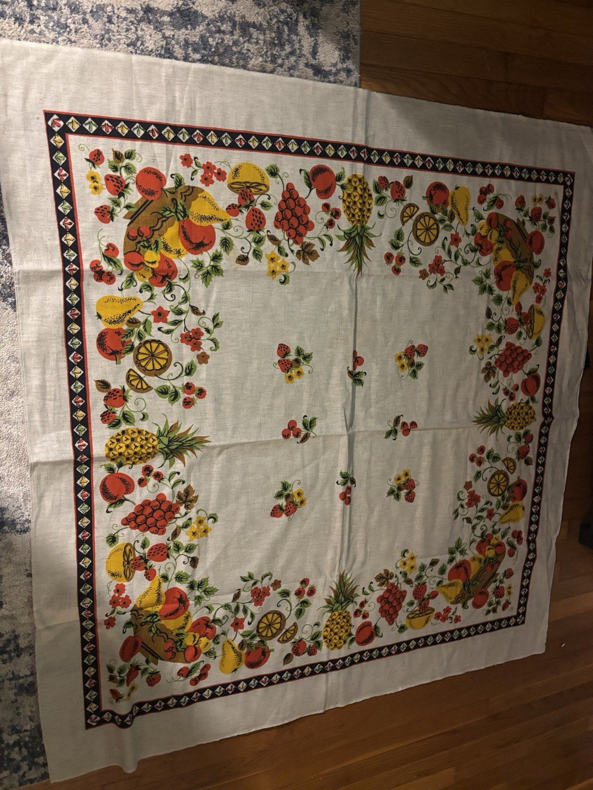 Vintage Linen Fruit Tablecloth Pineapple Strawberry Basket Black Border MCM Vintage Linen Fruit Tablecloth Pineapple Strawberry Basket Black Border MCM