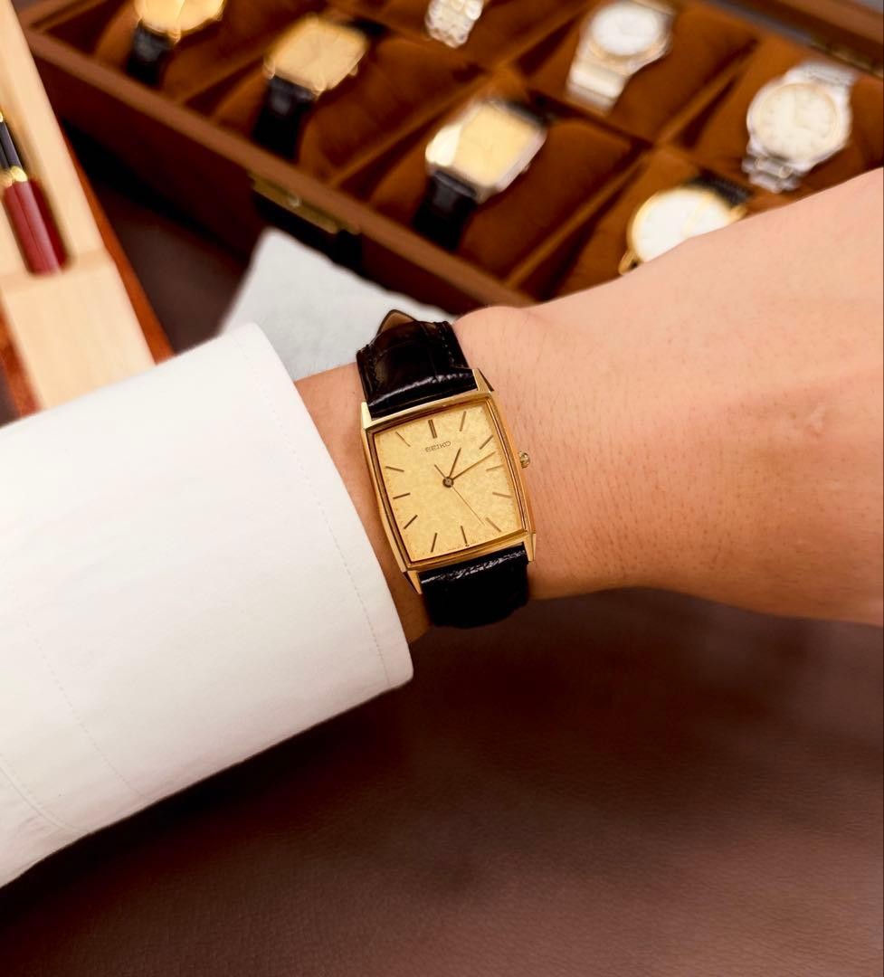Vintage SEIKO Rectangular Gold Dial Watch 1992 Quartz