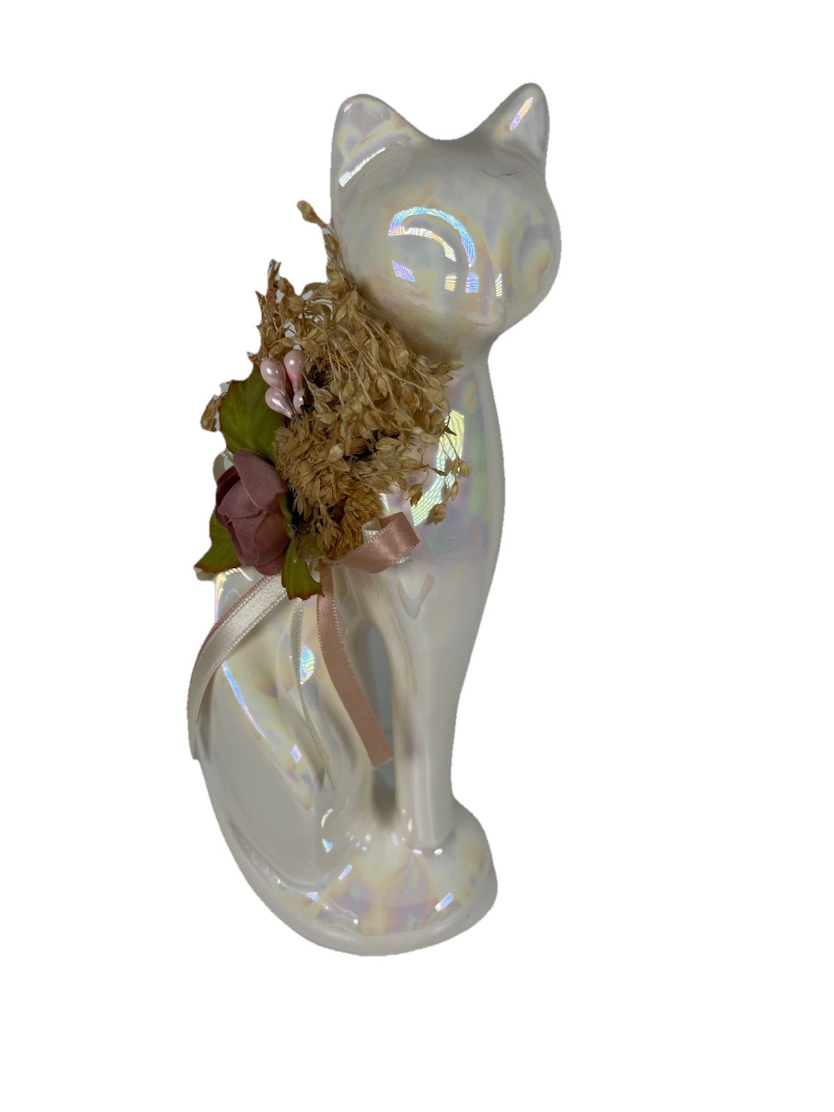 Vintage Siamese Cat Figurine White Pearl Iridescent With Ribbon Made in Taiwan