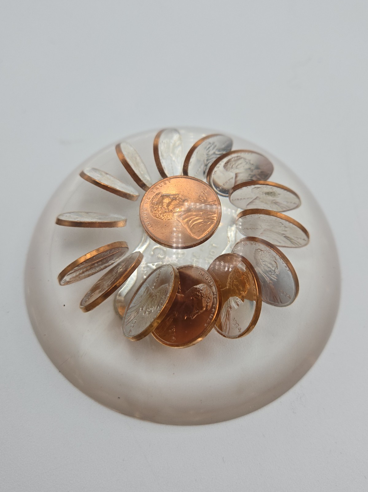 Vintage NOS 1974 Lucite Penny Coin Paperweight With Suspended Mint Pennies