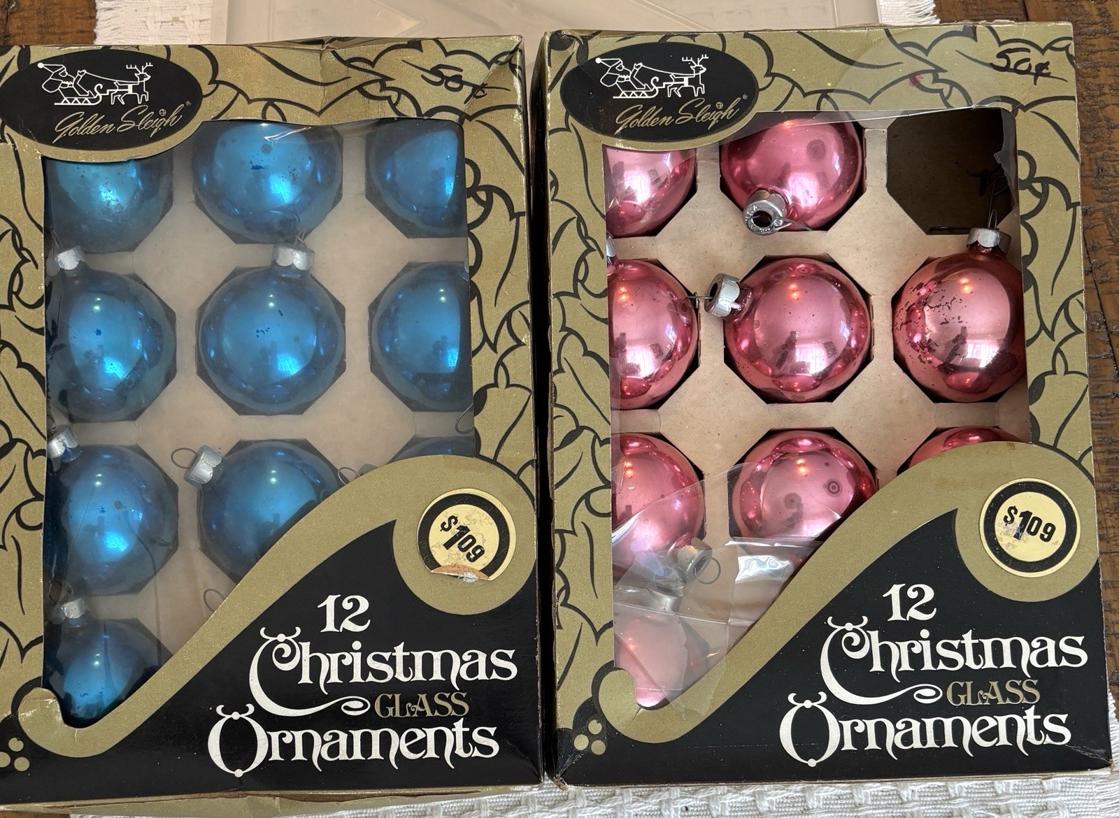 Vtg Solid Pink & Blue/Teal Christmas Ornaments Orig Marathon Golden Sleigh Bxs