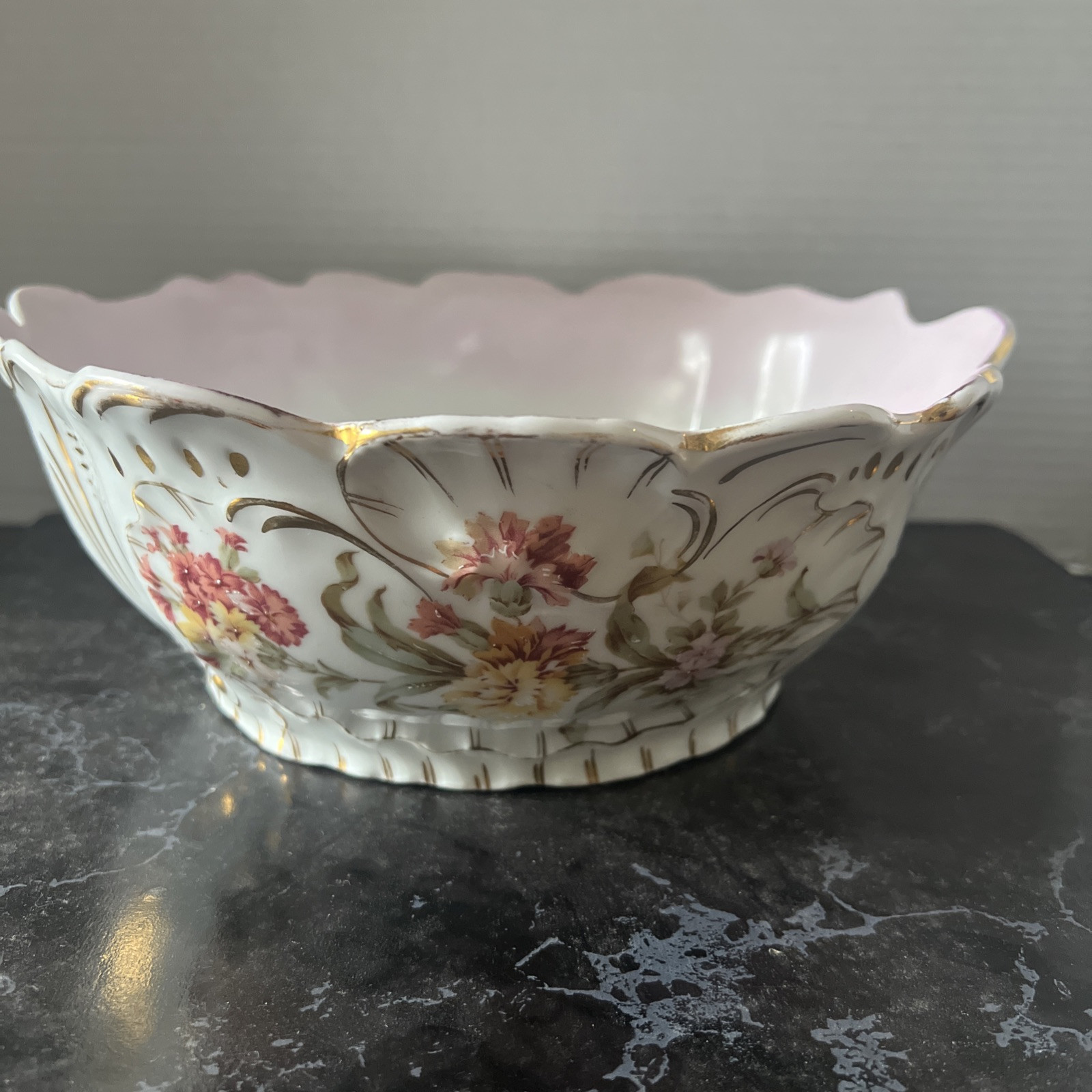 Carl Tielsch-C.T. GERMANY Bowl(Raised&Gilt Floral Porcelain)1885-1910’s ANTIQUE