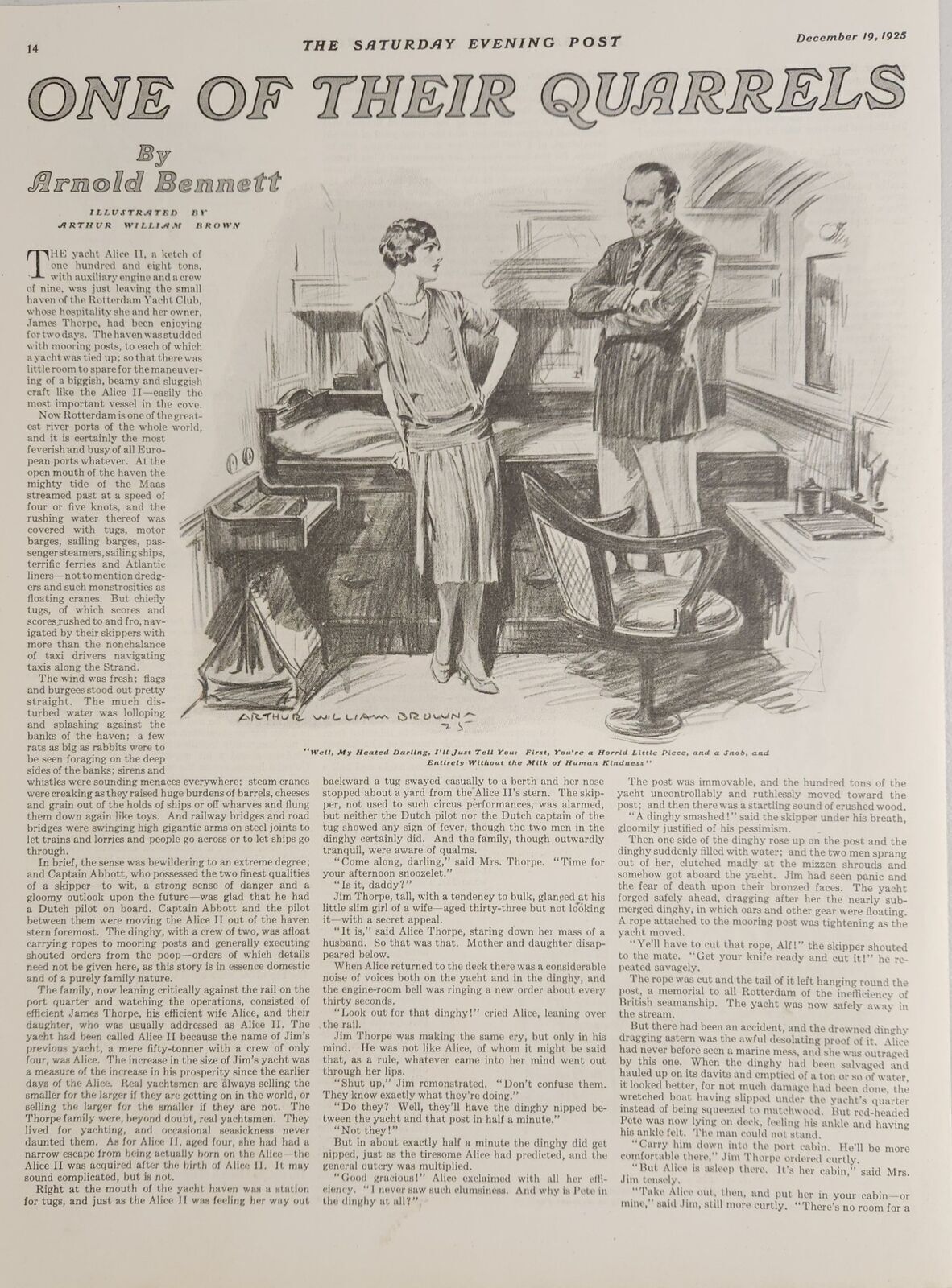 1925 Magazine Picture Couple in Yacht Cabin Illustrated by Arthur William Brown