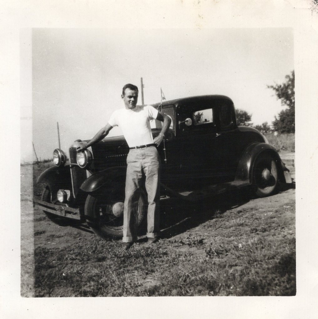 Handsome Beefy Man Posing w/ Classic Car Hot Rod Automobile Photo Snapshot Vtg