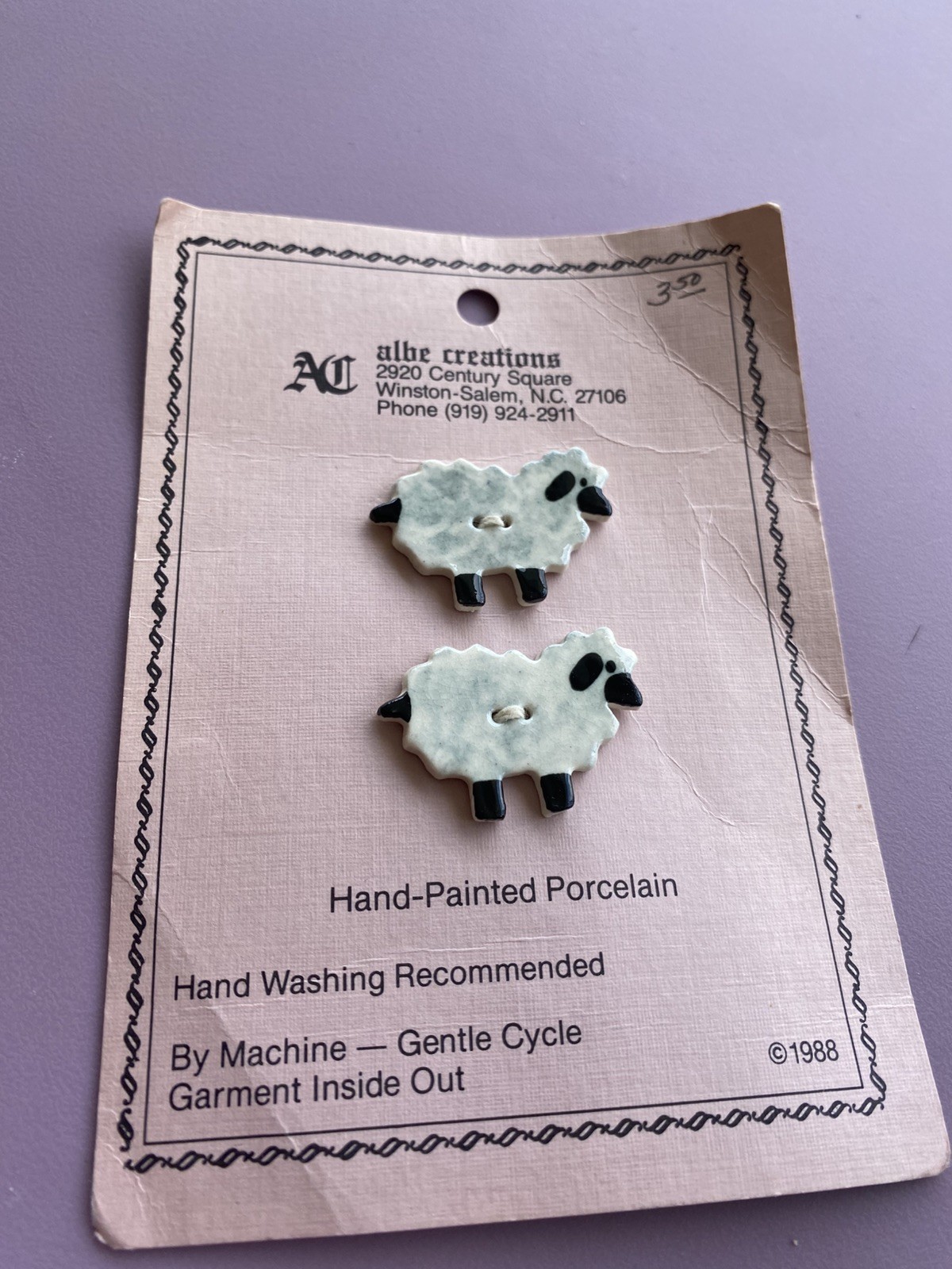 Vtg ALBE CREATIONS Handcrafted Ceramic Sheep Buttons (2 ct) ©1988 - NEW