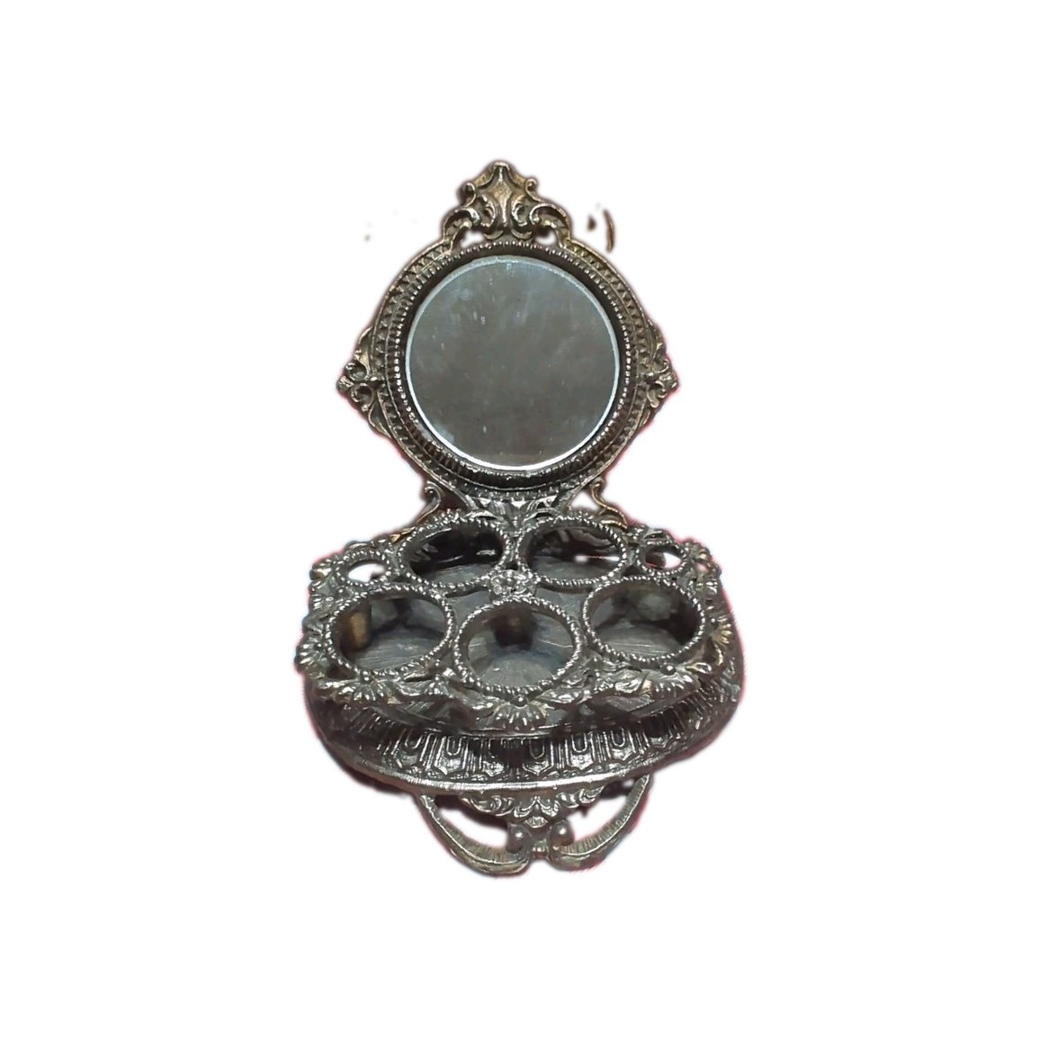 Vintage Ornate Metal Vanity Lipstick Holder with Mirror