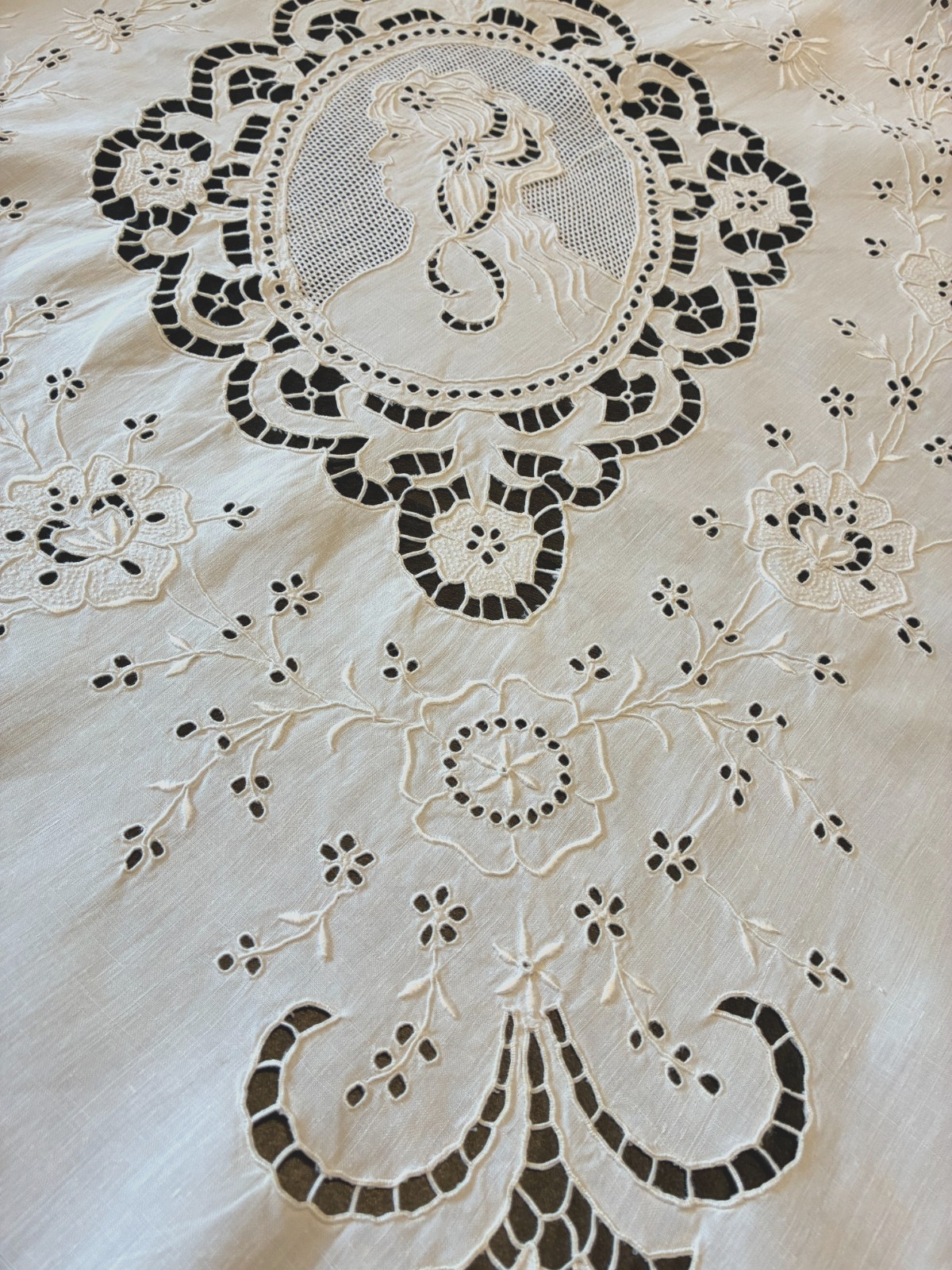 Antique White Linen Embroidered Cutwork Cameo Figural Lace Tablecloth 85 x 102