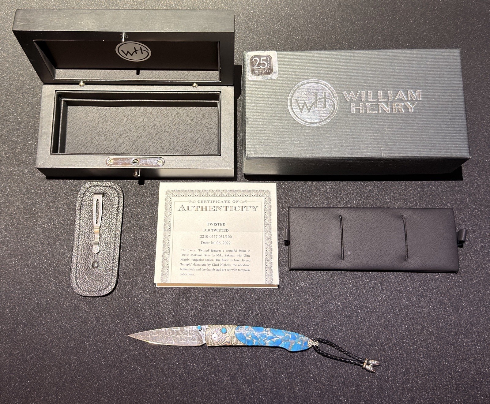 William Henry Lancet Twisted B10 Mokume Gane Turquoise Damascus #031/100 Box COA