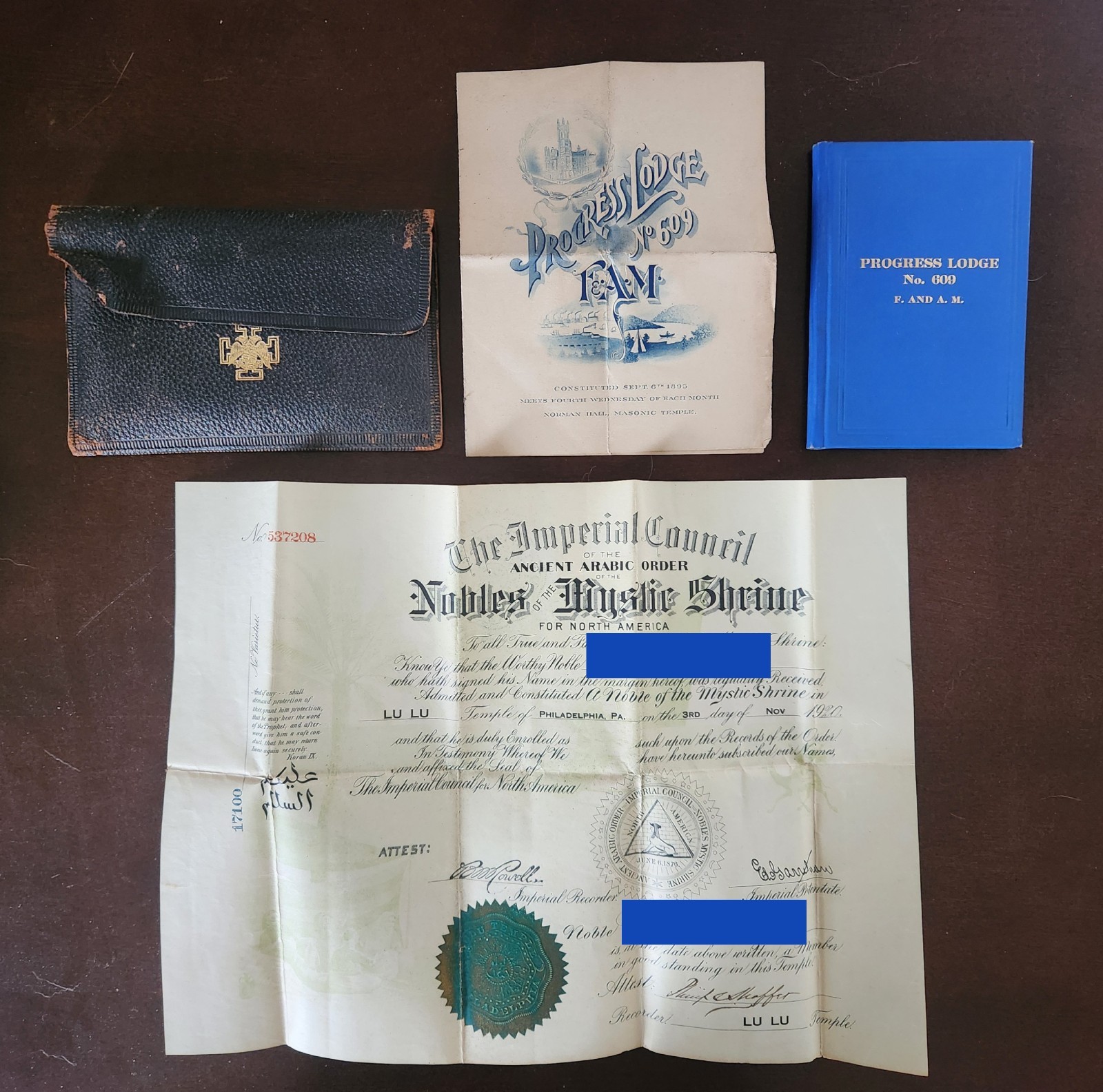 Antique 1910-1920s Mason Leather Bifold Meeting Pamphlet Booklet Certificate