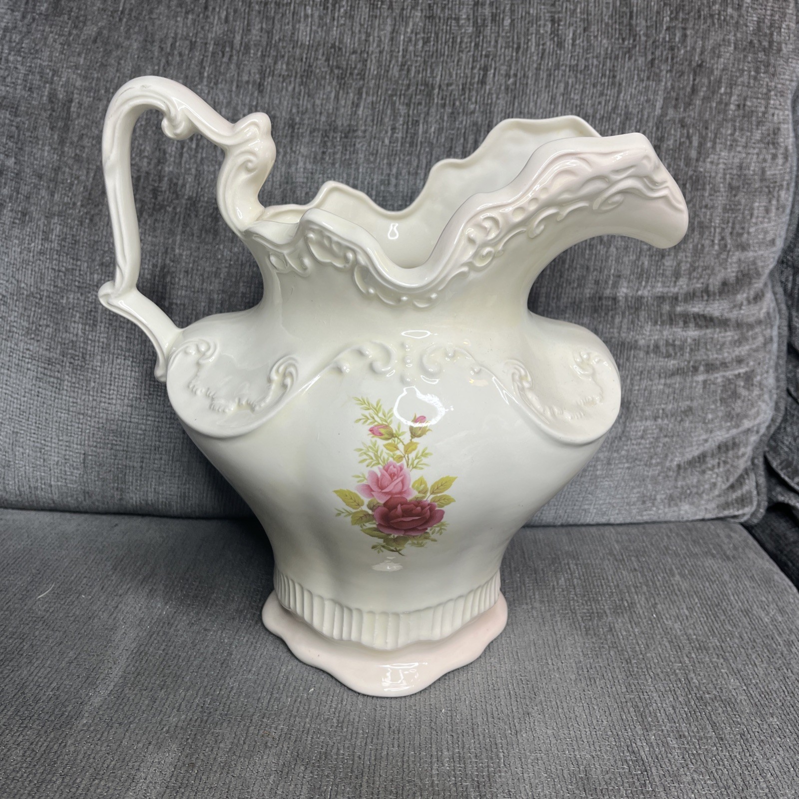 Vintage Arnels  Style Pottery Pink Rose Floral Water Pitcher