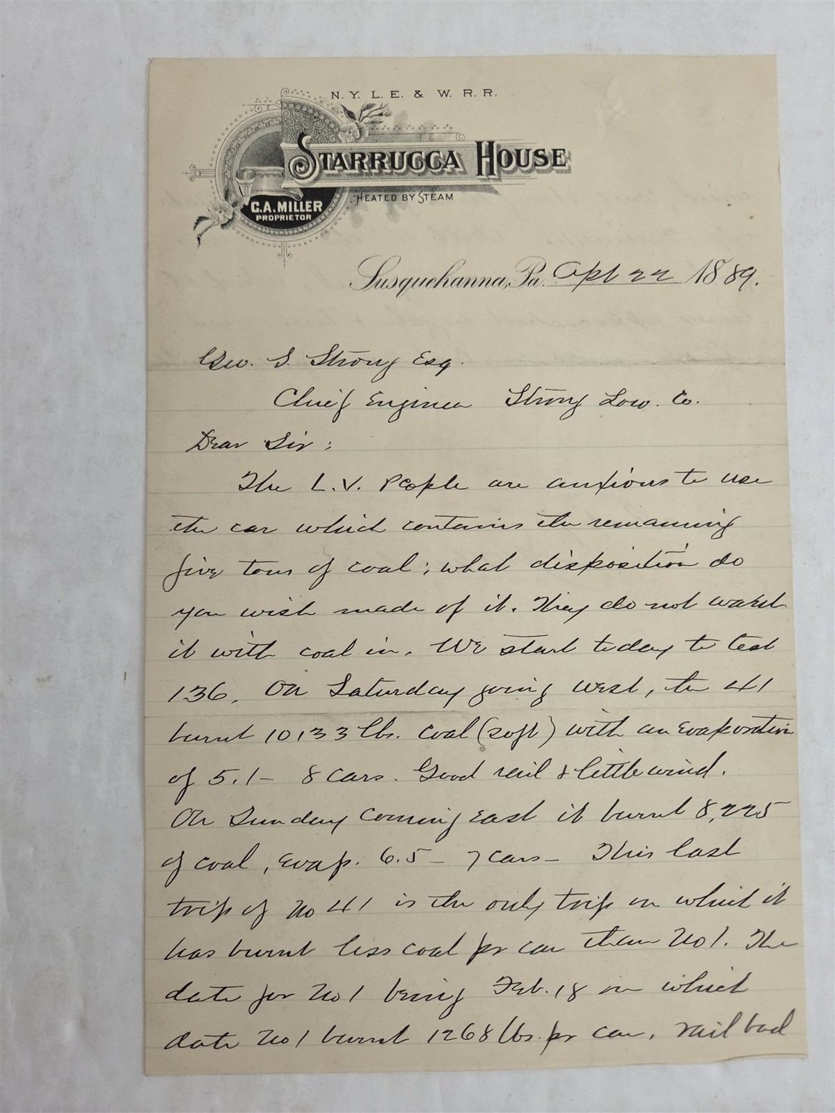 1889 antique STARRUCCA HOUSE susquehanna pa LETTERHEAD STONY LOW CO RAILROAD LET